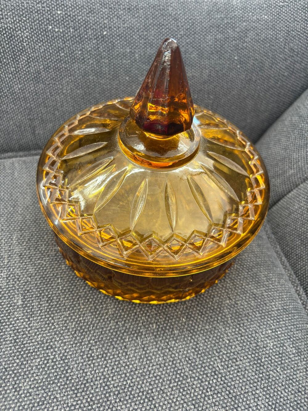 Vintage Indiana Glass Amber Gold Diamond Princess Covered Candy Dish w/ Lid